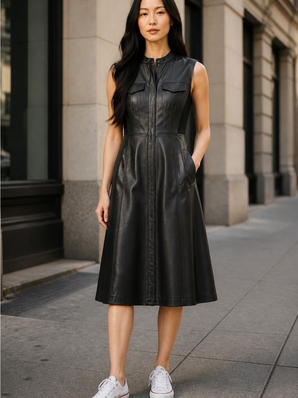 BCBGMaxAzria Allexandria Black Sleeveless Faux Leather Midi Dress